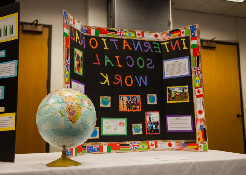 Classroom with globe and artwork on walls.